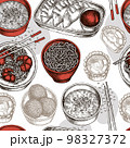 Asian food seamless pattern background design. Engraved style. Hand drawn jiaozi, jian dui, egg tart, noodles with shrimp, egg soup, noodles bowl. 98327372