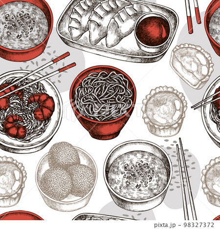 Asian food seamless pattern background design. Engraved style. Hand drawn jiaozi, jian dui, egg tart, noodles with shrimp, egg soup, noodles bowl. 98327372