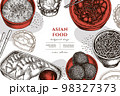 Asian food hand drawn illustration design. Background with vintage jiaozi, jian dui, egg tart, noodles with shrimp, egg soup, noodles bowl. 98327373