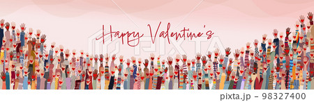 Group of raised hands of many people of different culture holding red heart. Valentine's Day party concept. Copy space banners. Poster template pink background Group of raised hands of many people of different culture holding red heart. Valentine's Day party concept. Copy space banners. Poster template pink background 98327400