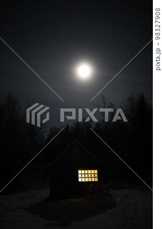 Landscape with house at night under dark sky with full moon. Spooky landscape with house in night. Landscape with house at night under dark sky with full moon. Spooky landscape with house in night. 98327908