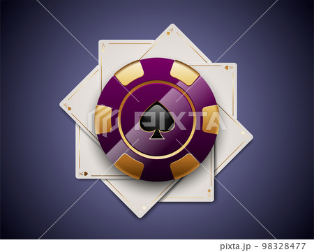 VIP poker luxury purple and golden chip on white aces and kings playing cards vector casino logo. Royal poker tournament or club emblem with spade on lavender background 98328477