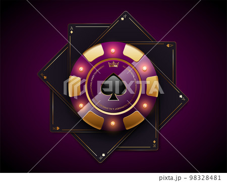 VIP poker purple and golden chip on black aces and kings playing cards vector casino logo. Royal poker tournament or club emblem with spade and LED light bulbs dark luxury background 98328481