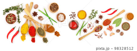 mix of spices in wooden spoon isolated on a white background. Top view. Flat lay. Set or collection mix of spices in wooden spoon isolated on a white background. Top view. Flat lay. Set or collection 98328512