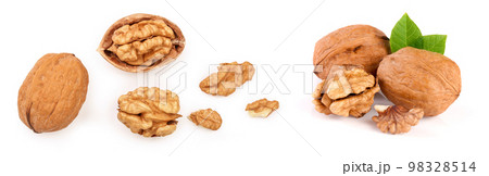 Walnuts with leaf isolated on white background. Top view. Flat lay 98328514