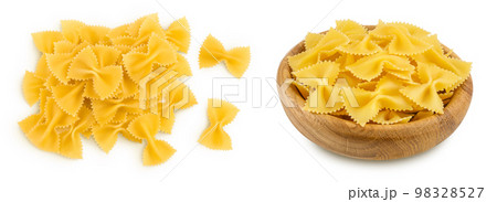 Bow tie pasta isolated on white background with full depth of field. Top view. Flat lay. 98328527