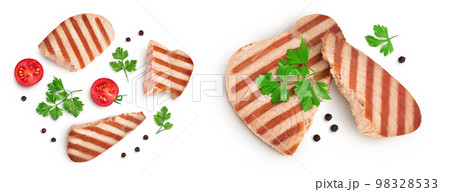 Tuna fish steak grilled isolated on white background with full depth of field, Top view. Flat lay Tuna fish steak grilled isolated on white background with full depth of field, Top view. Flat lay 98328533