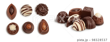 Chocolate candy isolated on white background with full depth of field. Top view. Flat lay. Set or collection Chocolate candy isolated on white background with full depth of field. Top view. Flat lay. Set or collection 98328537