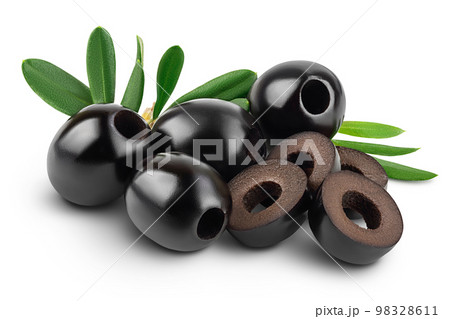 Black olives with leaves isolated on a white background with full depth of field. Black olives with leaves isolated on a white background with full depth of field. 98328611