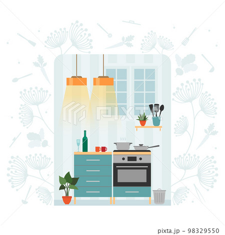 Cartoon kitchen interior flat style vector illustration. Evening time preparing dinner home environment clip art 98329550