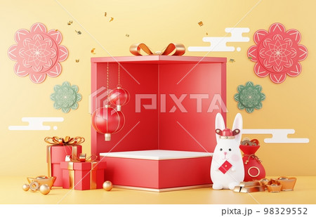 Happy Chinese new year 2023 with the year of Rabbit. Traditional Podium for showing product. Lunar new year red background decorate with Chinese texture, gold, coins, and zodiac sign. 3D render. 98329552