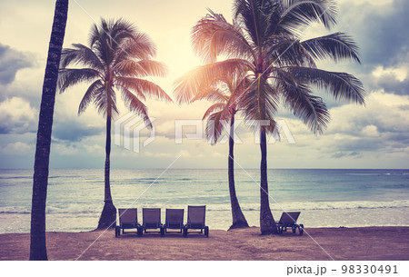 Caribbean beach at sunset, color toning applied, Yucatan Peninsula, Mexico. 98330491