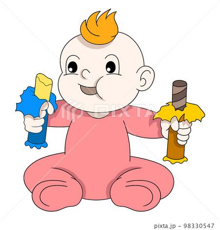 baby boy is sitting greedily enjoying chocolate snacks baby boy is sitting greedily enjoying chocolate snacks 98330547
