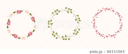 Set of minimalistic wreaths with bright flowers, leaves, hearts and space for your text. The concept of love, holidays. Composition for greeting cards, posters, banners. Vector 98331065