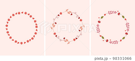 Set of minimalistic wreaths with bright flowers, leaves, hearts and space for your text. The concept of love, holidays. Composition for greeting cards, posters, banners. Vector Set of minimalistic wreaths with bright flowers, leaves, hearts and space for your text. The concept of love, holidays. Composition for greeting cards, posters, banners. Vector 98331066