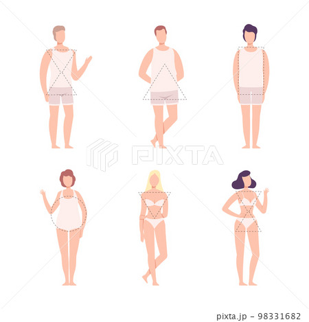 Set of male and female body shape types. Women and men in underwear with triangle, hourglass, rounded, Inverted triangle, rectangle figure type cartoon vector illustration 98331682