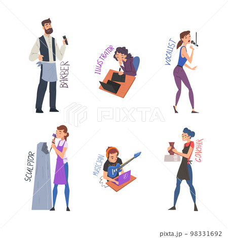 People of creative professions set. Barber, illustrator, vocalist, sculptor, musician, gonchar cartoon vector illustration 98331692
