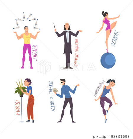 People of creative professions set. Juggler, symphony conductor, acrobat, florist, actor of theatre, choreographer cartoon vector illustration People of creative professions set. Juggler, symphony conductor, acrobat, florist, actor of theatre, choreographer cartoon vector illustration 98331693
