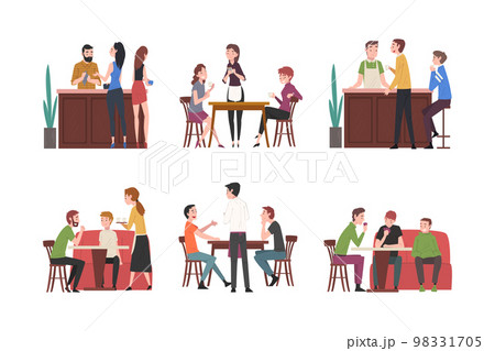 People sitting at cafe set. Friends drinking coffee, chatting and resting at tables in cafe. Barista and waiter serving customers cartoon vector illustration People sitting at cafe set. Friends drinking coffee, chatting and resting at tables in cafe. Barista and waiter serving customers cartoon vector illustration 98331705