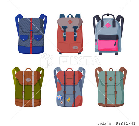 Set of backpacks, rucksacks for schoolchildren, students, travellers and tourists cartoon vector illustration 98331741