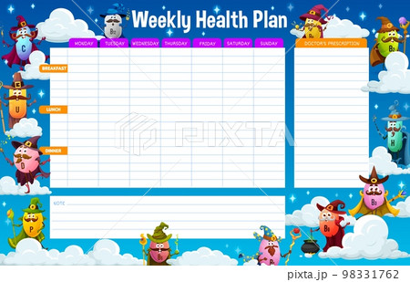 Weekly medication plan. Cartoon vitamin wizard and mage characters on clouds. Vector health schedule with daily meals dieting, doctor prescriptions and field for notes. Timetable planner for week Weekly medication plan. Cartoon vitamin wizard and mage characters on clouds. Vector health schedule with daily meals dieting, doctor prescriptions and field for notes. Timetable planner for week 98331762