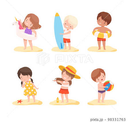 Cute kids playing at beach. Happy little boys anf girls playing at seaside, riding surfboard, swimming and sunbathing cartoon vector illustratio Cute kids playing at beach. Happy little boys anf girls playing at seaside, riding surfboard, swimming and sunbathing cartoon vector illustratio 98331763