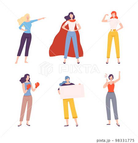 Set of women protesting for their rights. Women empowerment and feminist movement, girl power flat vector illustration Set of women protesting for their rights. Women empowerment and feminist movement, girl power flat vector illustration 98331775