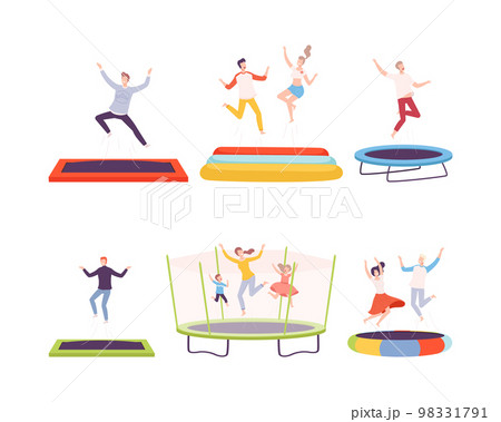 Happy adult people and children jumping on trampolines set. Energetic people bouncing and having fun flat vector illustration 98331791