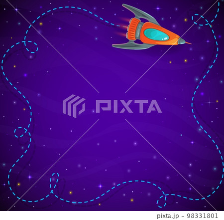 Cartoon kids space background with rocket and stars. Vector design with cosmos and flying shuttle in purple starry sky. Template for poster, invitation or presentation with starship in Universe 98331801