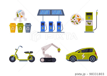 Biofuel, green gas alternative industry. Nature renewable energy, ecology protection, innovation and technology set cartoon vector illustration 98331803