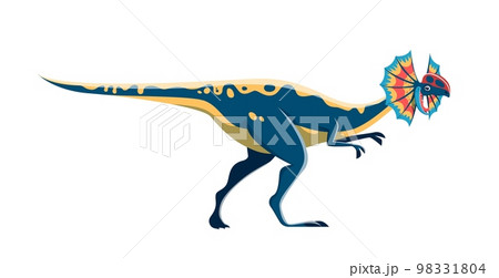 Cartoon Dilophosaurus dinosaur character. Extinct reptile, Jurassic era isolated lizard with colorful neck frill. Paleontology animal, ancient wildlife carnivorous dinosaur vector funny personage 98331804