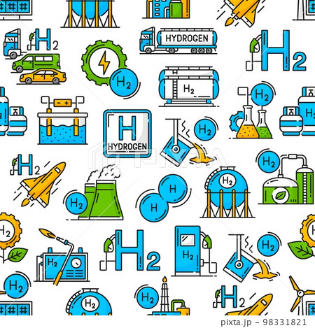 Hydrogen industrial seamless pattern, H2 green energy and eco power technology, vector background. Hydrogen in fuel industry, power plant or H2 production factory and renewable energy sources pattern 98331821