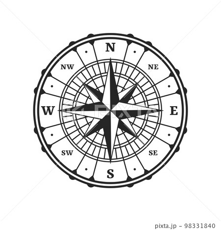 Old compass. Vintage map wind rose. Medieval cartography, sea and ocean sailing navigation compass, geographical discoveries journey and treasure hunt map windrose vector symbol 98331840