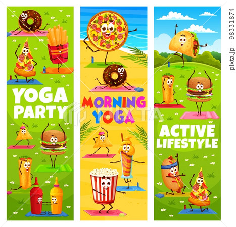 Yoga fitness banners, cartoon fast food characters and personages. Vector vertical cards for wellness classes with pizza, burger, donut, sauce. Tex mex tacos, nachos or burrito with enchilada exercise 98331874