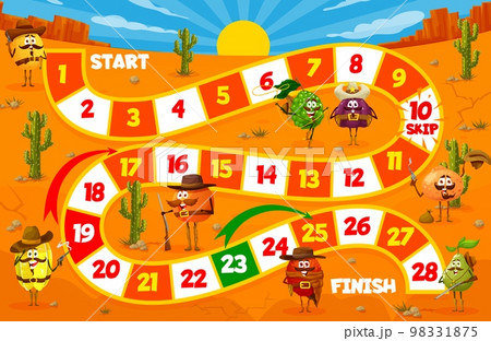 Kids step board game, Western cartoon cowboy, bandit and ranger fruit characters vector worksheet. Puzzle quiz of Wild West desert map with path and funny berry personages, orange, melon, fig cowboys 98331875