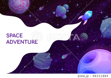 Cartoon space adventure poster. Rocket spaceship in galaxy. Vector design with shuttle explore galaxy with stars, planets, comets. Interstellar expedition in outer space, alien colonization mission 98331884