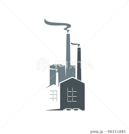 Factory building, industrial plant icon. Manufacturing company, power plant or industry production monochrome vector sign or emblem, environment pollution symbol with smoke coming factory from chimney 98331885