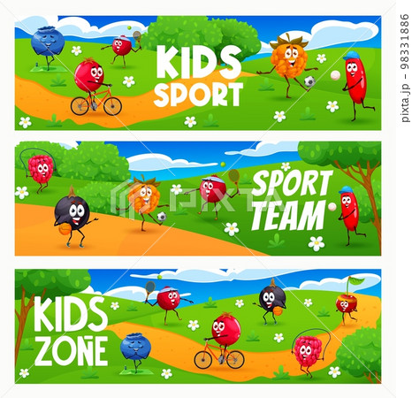 Kids sport zone cartoon cheerful berry characters on sport zone. Vector banners with raspberry, cherry, black currant and cloudberry, blueberry, cranberry and barberry personages fun and activities 98331886
