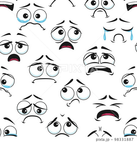Sad and crying cartoon faces seamless pattern. Vector background with unhappy, anxious, plaintive, deplorable personages emoji. Comic characters tragic facial expression, negative sadness emotions 98331887