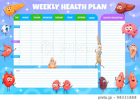Weekly medication schedule, cartoon human organ characters. Vector health plan with daily meals dieting, doctor prescriptions and field for notes. Timetable planner for week with anatomical personages 98331888