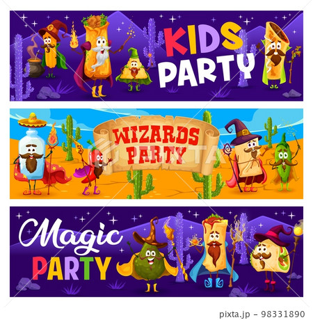 Wizards magic party cartoon tex mex mexican food characters. Vector banners with cute burrito, tacos, churros and avocado, pulque, tequila or enchiladas and nachos mage sorcerer personages 98331890
