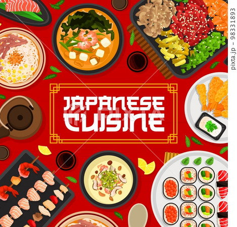 Japanese cuisine menu cover design, Japan dishes and Asian food, vector. Japanese cuisine restaurant menu with sushi, nigiri maki and gunkan, seafood kushiyaki and salmon sashimi with miso soup 98331893