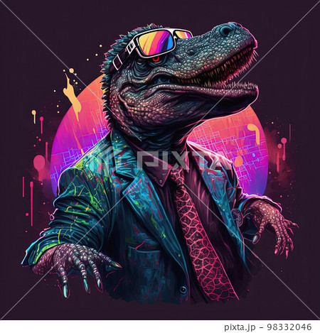 Party alligator in sunglasses, jacket and tie listening music. Pop art style in neon colors. Generative AI. Not based on any actual scene Party alligator in sunglasses, jacket and tie listening music. Pop art style in neon colors. Generative AI. Not based on any actual scene 98332046
