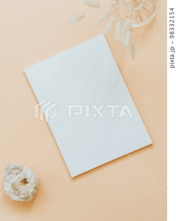 Empty blank white magazine or catalog cover layout, vase and dried grass and white crystal 98332154