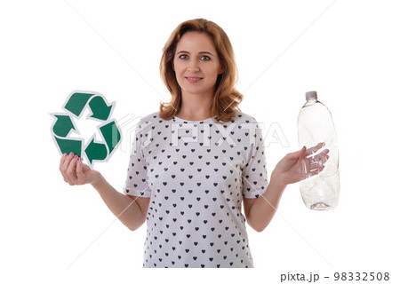 eco living and environment concept - smiling caucasian woman holding recycling symbol and empty a, isolated over white background 98332508