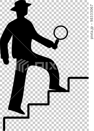 Silhouette of a man climbing stairs with a magnifying glass Silhouette of a man climbing stairs with a magnifying glass 98333067