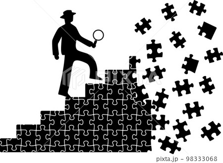 壊れているパズルピースの階段を登る虫眼鏡を持つ男性のシルエット 98333068