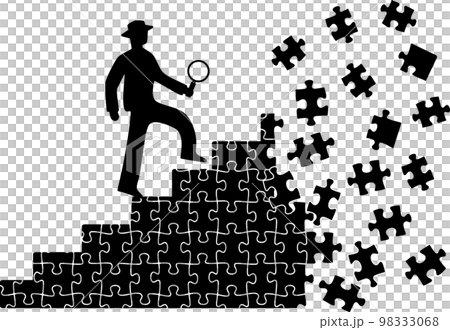 壊れているパズルピースの階段を登る虫眼鏡を持つ男性のシルエット 98333068