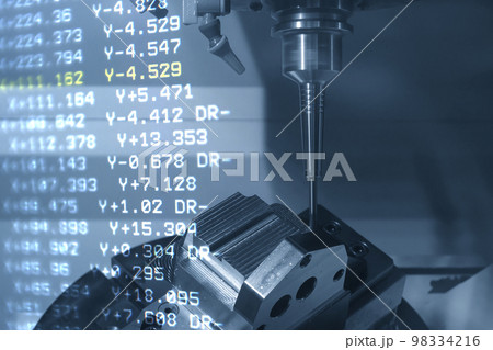Abstract scene the 5-axis CNC milling machine  and G-code data background. 98334216