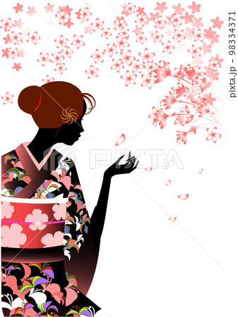 着物を着た女性のシルエットと桜の花 着物を着た女性のシルエットと桜の花 98334371